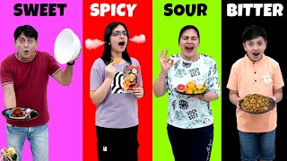 SWEET SPICY SOUR BITTER  Funny eating challenge with family  Aayu and Pihu Show [upl. by Robbin]