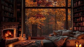 Cozy Cabin Ambience in Autumn Woods 🍁 Jazz Rain amp Fireplace for Ultimate Relaxation [upl. by Needan727]