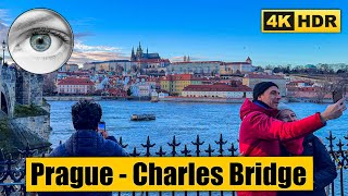 Prague Walking Tour of Charles Bridge at Winter Sunset 🇨🇿 Czech Republic 4k HDR ASMR [upl. by Jacobsohn454]