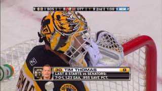 Tim Thomas makes an incredible save on Alfredsson 102409 HD [upl. by Zerla286]