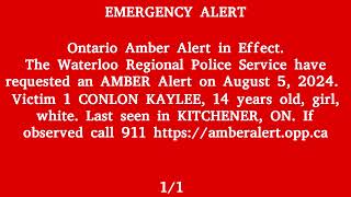 Canada Alert Ready  AMBER ALERT Issued by Waterloo Regional Police in Kitchener Ontario [upl. by Riccio283]