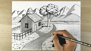 New Beatuful Scenery drawing with pencil 👍👍🥰🌲🌎رسم طبيعة [upl. by Alvie]