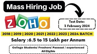 🔴Biggest Hiring  ZOHO Off campus drive 2024  2023 2022 2021 2020 2019  Exam 3 Feb  Salary 65LPA [upl. by Norvan]