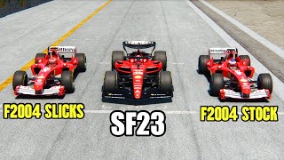 Ferrari F1 2023 vs Ferrari F1 2004 Slick Tyres vs Ferrari 2004 Stock  Monza GP [upl. by Aretha]