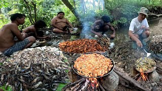 Surviving 12 Hours in Mid Jungle Wild Prawn Fish Hunting Catching and Cooking Survival Challenge [upl. by Vaden]