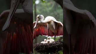 Mother Spoonbill Bird Sheltering Her Chicks from the Rain mother birds parrot [upl. by Derina]