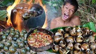 Primitive Technology  Kmeng Prey  Cooking Snails Solo  Eating Delicious [upl. by Ainessey]