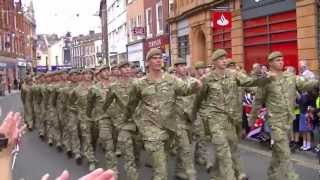 2 Mercian Queens Royal Hussars and Grenadier Guards march in Worcester [upl. by Noyart]