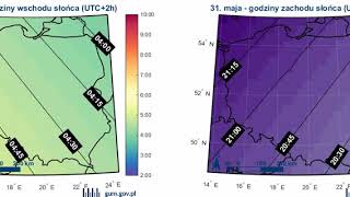 Mapy wizualizujące godziny wschodu i zachodu słońca czas UTC2 na terytorium Polski [upl. by Anihsit177]