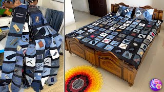 Amazing bedsheet making Old jeans pant reused  bed decoration ideas jeans [upl. by Krasnoff]