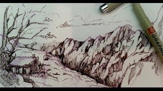 Pen and Ink Drawing Tutorials  How to draw a mountain landscape [upl. by Ward]