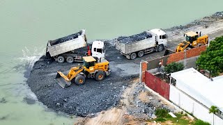 BEAUTIFUL FROM CAMERA DRONE SHANTUI DOZER AND DUMP TRUCK PROCESS THE STONE MOVING ROCK INTO WATER [upl. by Sue984]