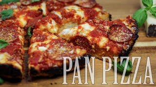 Cast Iron Skillet Pan Pizza With Crispy Caramelized Cheese  No Knead Dough [upl. by Attecnoc]