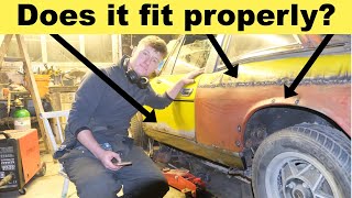 Restoring a ROTTEN Triumph Stag  pt4  New rear wing and sills [upl. by Yddub]