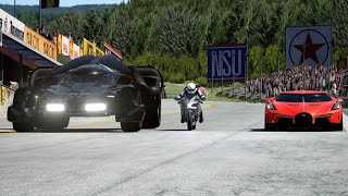 Kawasaki Ninja H2 vs Batmobile vs Bugatti La Voiture Noire at Old SPA [upl. by Georgie916]