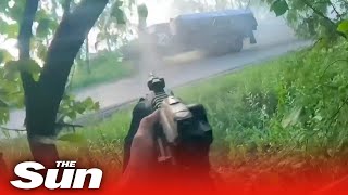 Moment Chechen soldiers ambush Russian truck with machine guns [upl. by Assir784]