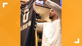 WATCH Pacers Tyrese Haliburton gets first look at 2024 NBA AllStar jersey [upl. by Doll306]