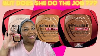 LOreal Paris Infallible Fresh Wear 24HR Powder Foundation Review  TryOn  Hazelnut amp Golden Sun [upl. by Lirrad]