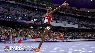 Winfred Yavi JUMPS FOR JOY after winning womens 3000m steeplechase gold  Paris Olympics [upl. by Ainollopa]