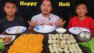 50 MOMO 5 packet current noodles Chicken sausage rasbari Holi special mukbang HimaLiFoodie [upl. by Llednek]