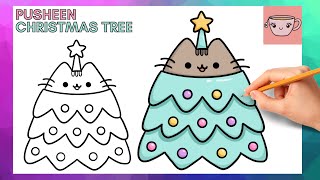 How To Draw Pusheen Dress Up In Christmas Tree Outfit  Cute Easy Step By Step Drawing Tutorial [upl. by Chandos146]