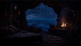 Hide in the Seaside Cave when the Rain amp Thunder come⛈️Relax with Waves Rain amp Campfire sounds🔥 [upl. by Uno]