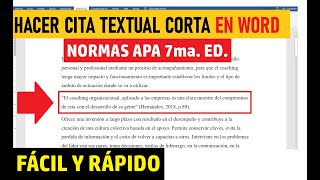 👨‍🏫CÓMO HACER UNA CITA TEXTUAL CORTA MENOS DE 40 PALABRAS EN WORD  EJEMPLO  NORMAS APA 7ma ED [upl. by Parcel]