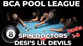 Desis Lil Devils v Spin Doctors 18 BCA 8Ball Pool League San Diego Metro Week 15 of 38 [upl. by Ensign]