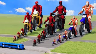 Big amp Small Spiderman on a motorcycle vs Deadpool on a motorcycle vs Iron Man on a motorcycle [upl. by Lsiel934]