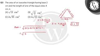 The area of an isosceles triangle having base 2 cm and the length of one of the equal sides 4 cm [upl. by Ecnarepmet]