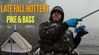 Late Fall Hot Tent Canoe Trip Fishing For Pike And Bass In Snow And Wind [upl. by Nwahsram421]