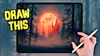 PROCREATE Spooky Blood Moon landscape DRAWING Tutorial in EASY steps [upl. by Ibok643]