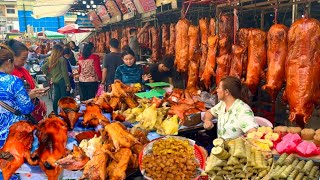 Cambodian street food  Orussey market  Roasted Pigs fruit cakes amp more Before Chinese New Year [upl. by Grof95]