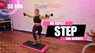 30Minute Step amp Strength NoRepeat Stepper Workout with Weights [upl. by Fogel]