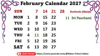 February Calendar 2027  february2027calendar [upl. by Eerihs]