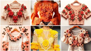 Crochet flower blouses patternKnitted floral topsCasual half blouse topsFlower embroidery shirt [upl. by Yssor]