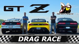 2023 Nissan Z vs Mustang GT vs Dodge Challenger Scat Pack  DRAG amp ROLL RACE [upl. by Baese]