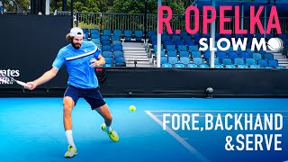 Reilly Opelka Forehand Backhand amp Serve Slow Motion 240fps [upl. by Anemix]