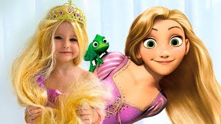 Costumes Disney Princesses Kids Makeup and New Rapunzel doll amp Real Princess Dresses [upl. by Arand]