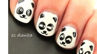 Diseño de uñas de Oso Panda estilo kawaii Panda nail art [upl. by Plume]