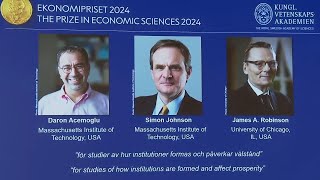 Nobel economics prize goes to 3 experts for research into national differences in prosperity [upl. by Krever706]