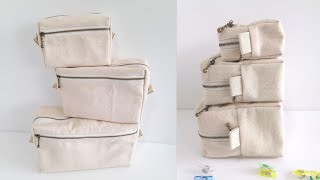 เย็บกระเป๋าเครื่องสำอาง 3 ไซส์ กระเป๋าผ้าซิปคู่ จัดเก็บของใช้ Sewing Double Zipper Boxy Bag Tutorial [upl. by Yuk]