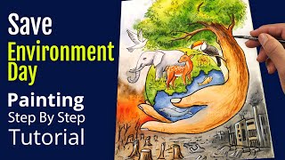 Save Environment Day 2024 Beautiful Painting with Watercolor Step by Step Drawing for beginners [upl. by Stiegler]