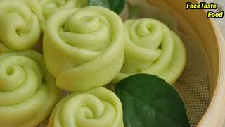 នំប៉ាវស្លឹកតើយ Pandan Rose Bun អាហារអាស៊ីFaceTaste Food FaceTaste FoodFoodFaceTastecooking [upl. by Anthea]