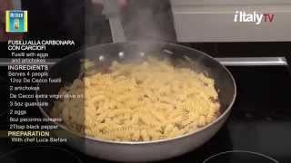 PastaMania 6 quotFusilli alla Carbonara con Carciofiquot Fusilli with eggs guanciale and artichokes [upl. by Gilbertine146]