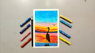 Sarus Bird Evening Scenery Drawing with oil pastels  Easy oilpasteldrawingart [upl. by Akeylah373]