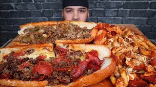 ASMR NO TALKING PEPPERONI STEAK PHILLY CHEESESTEAK OG PHILL CHEESESTEAK BUFFALO CHICKEN POUTINE [upl. by Nevart]