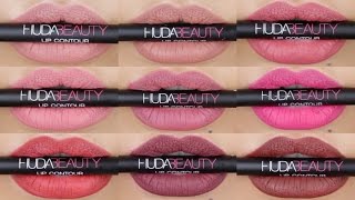 ALL Huda Beauty Lip Contour Swatches  REVIEW 👉🏽 INFO BOX [upl. by Flossy]