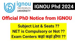 IGNOU PhD Subject List amp Seats 2024  IGNOU PhD Admission Notification 2023 24  PhD Admission 2024 [upl. by Lehcyar]