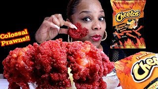 FLAMIN HOT CHEETOS FRIED COLOSSAL PRAWNS SEAFOOD BOIL MUKBANG [upl. by Ardnael175]